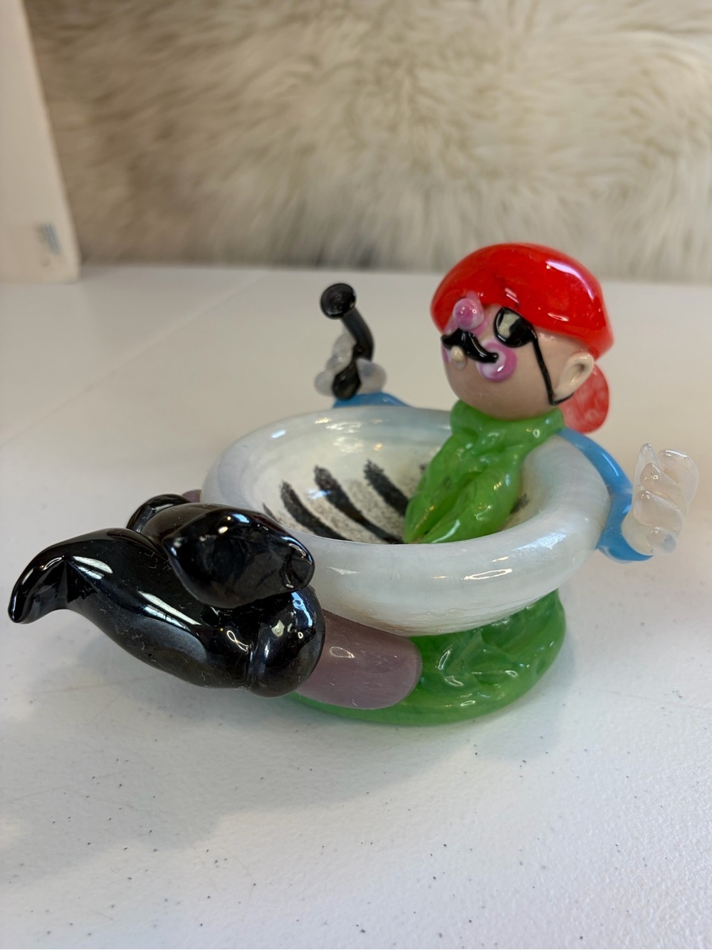 Vintage Art Glass Hand Blown Clown Pirate Bowl Ashtray Trinket Dish Czech signed